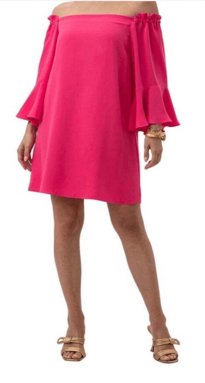 Trina Turk Redford Off-Shoulder Bell-Sleeve Mini Dress in Fuchsia